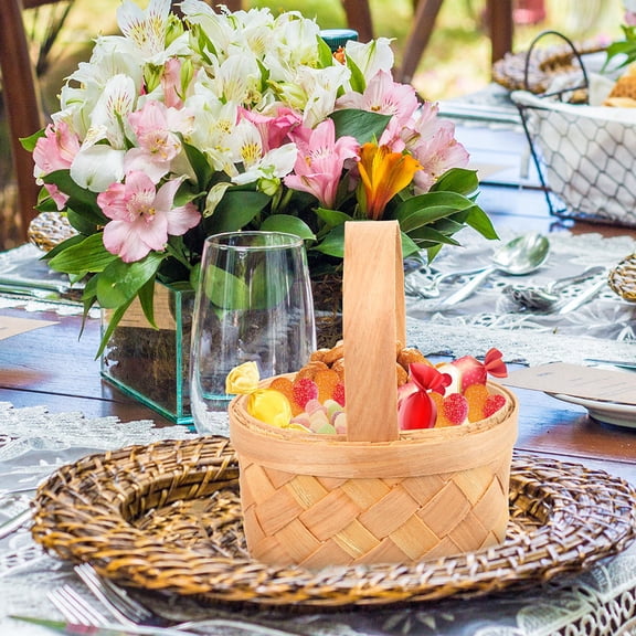 HEMOTON Handwoven Mini Basket with Wooden Handle for Wedding Favors and Decor Beige Color 3 5 Inches