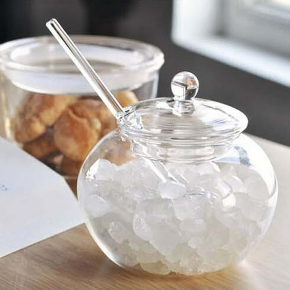 HEMOTON Household Transparent Jars Large Round Glass Spice Jars Storage Jars Kitchen Tool Sugar Container with Glass Lid and Spoon for Kitchen (350ml)