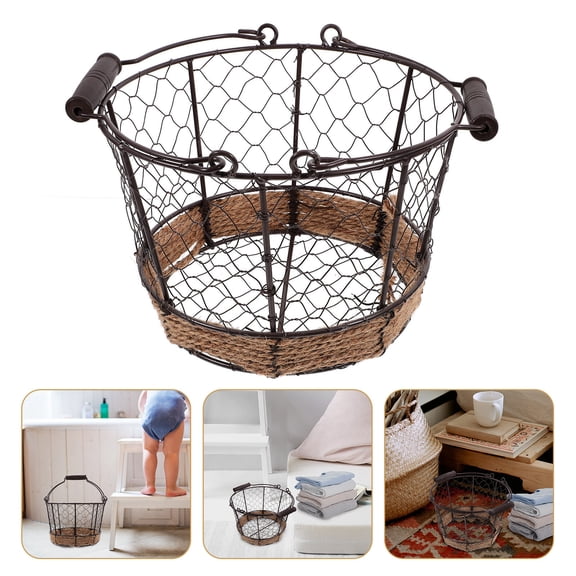 HEMOTON Black Jute Rope Woven Storage Basket with Iron Handles, 7.8 Inch Organizer for Home Use
