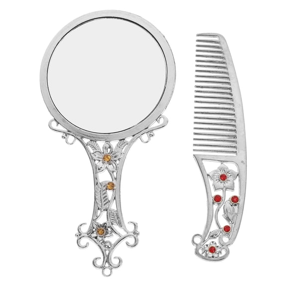 HEMOTON Retro Floral Makeup Comb Set with Elegant Mirror for Travel, , 15.5x11.2cm