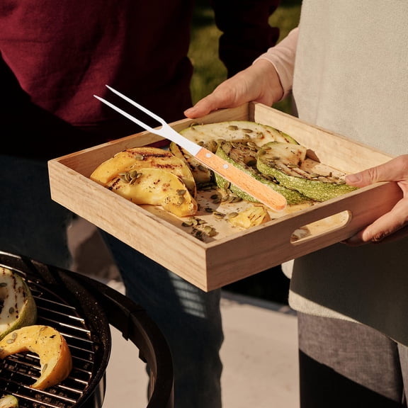 HEMOTON MultiFunctional Stainless Steel Meat Fork with Thick Wooden Handle for BBQ and Outdoor Cooking Tools, 2Prong Design