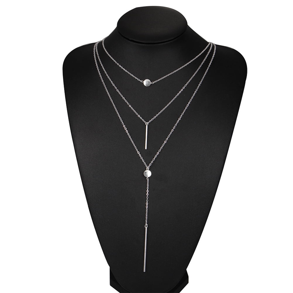 HEMOTON Multilayer Dot Line Necklace Fashion Long Chain Necklace for Woman Jewelry Decoration Silver