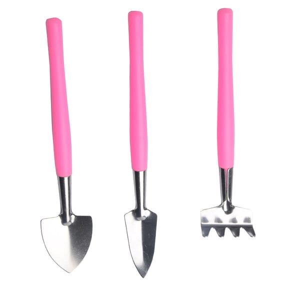 HEMOTON Pink Garden Tool Set with Iron and PP Shovel Rake Handy for Flowerpot Planting Indoors Outdoors 3 Pcs