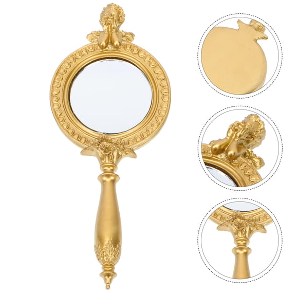 HEMOTON Retro Resin Angel Handle Mirror Women Portable Makeup Mirror Girl Carry Handheld Mirror