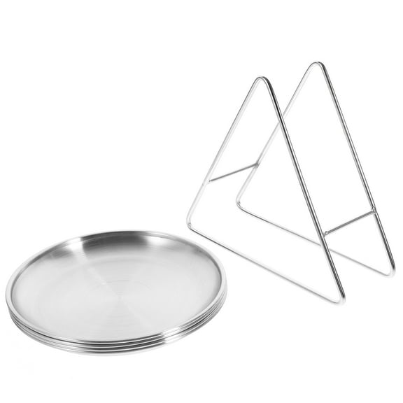HEMOTON Stainless Steel Plates with Rack for Home Silver Color Practical and Includes Round Plates 1 Set