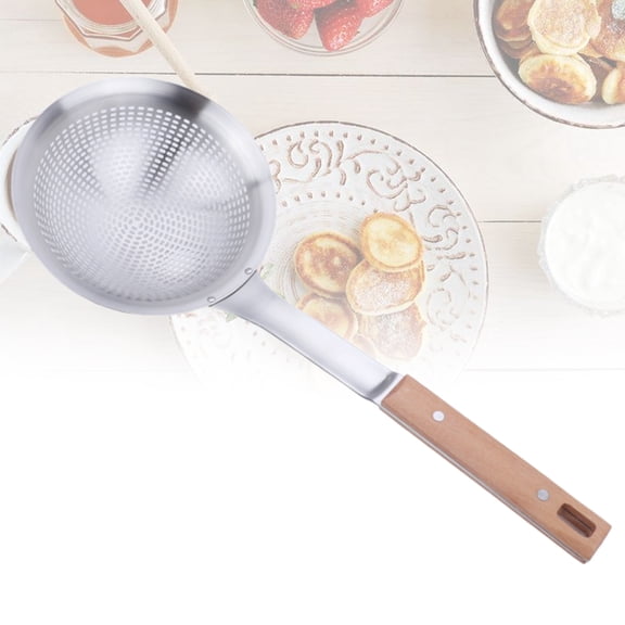 HEMOTON 18cm Stainless Steel Colander with Wooden Handle, Kitchen Strainer for Cooking Noodles and Vegetables