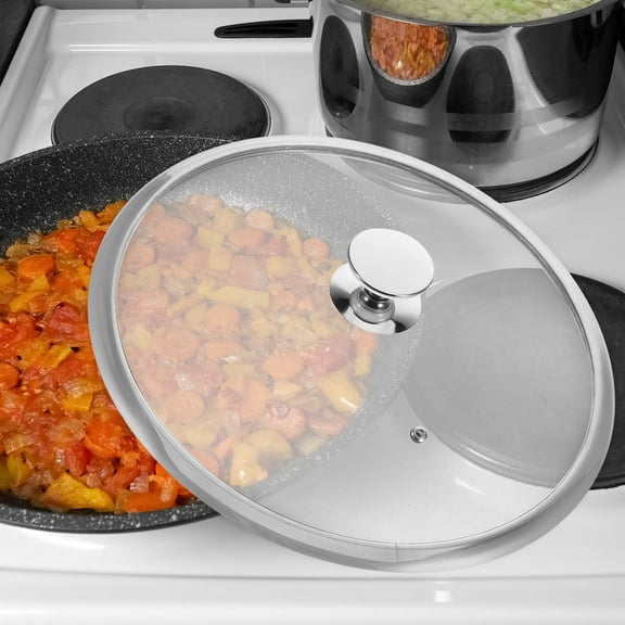 HEMOTON Tempered Glass Lid With Steam Vent Hole Universal Pan Pot Clear Cookware Lid Replacement With Holder Handle For Pots Pan Electric Pressure Cooker Silver