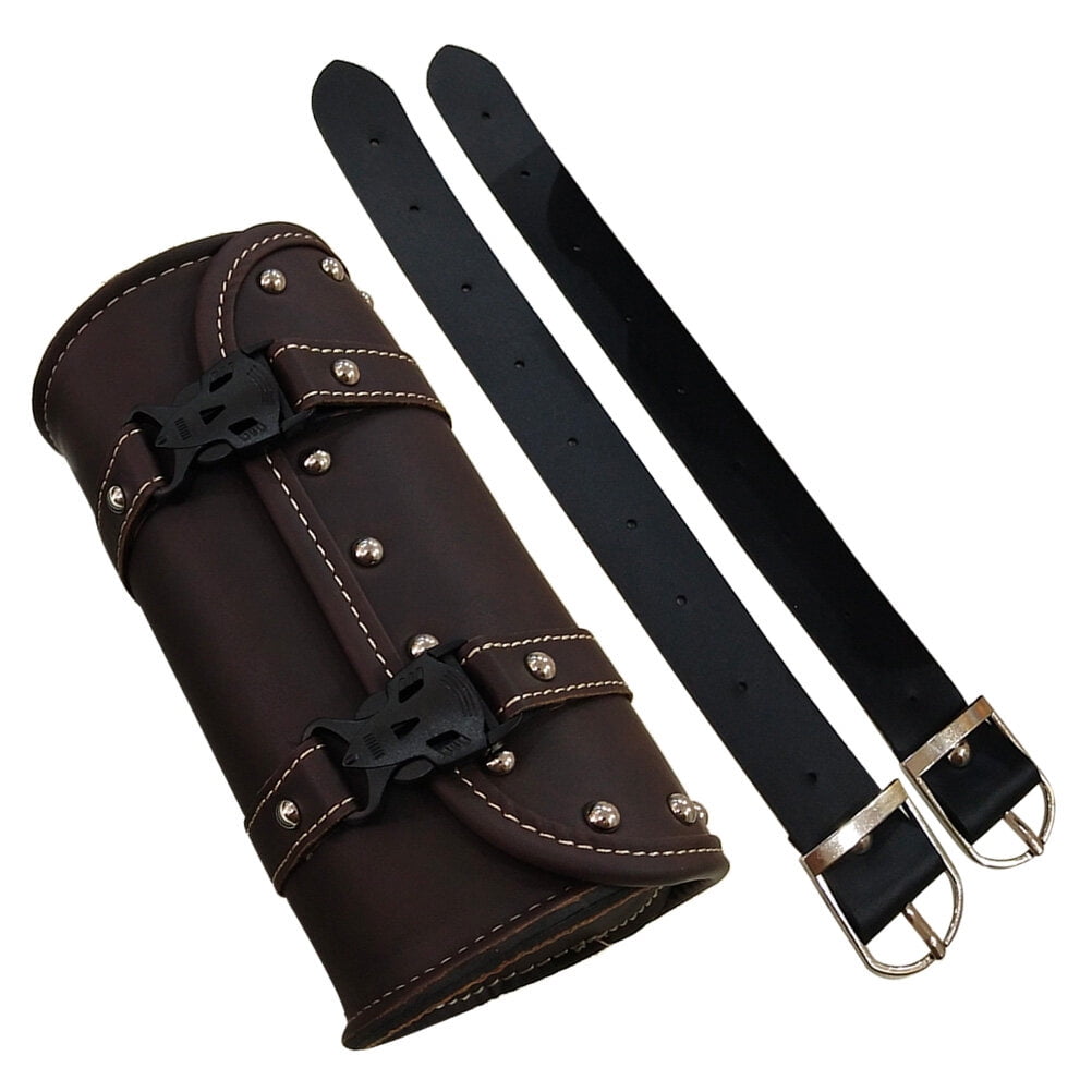 HEMOTON Universal Motorcycle Saddlebag PU Leather Waterproof Tool Bag Mounting Strap Round Storage Bag (Dark Brown)