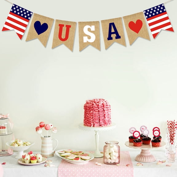 HEMOTON USA Patriotic Burlap Banner for Party Decoration Multi Color American Independence Day 4th of July