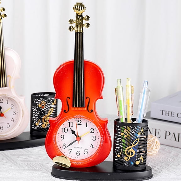 HEMOTON Violin Desk Clock with Pen Holder, Decorative Simulated Violin Model Ornament for Home and Office