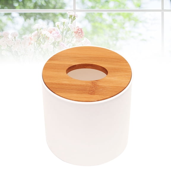 HEMOTON White Cylindrical Tissue Box with Wooden Cover for Home Use Plastic and Wooden 2pcs