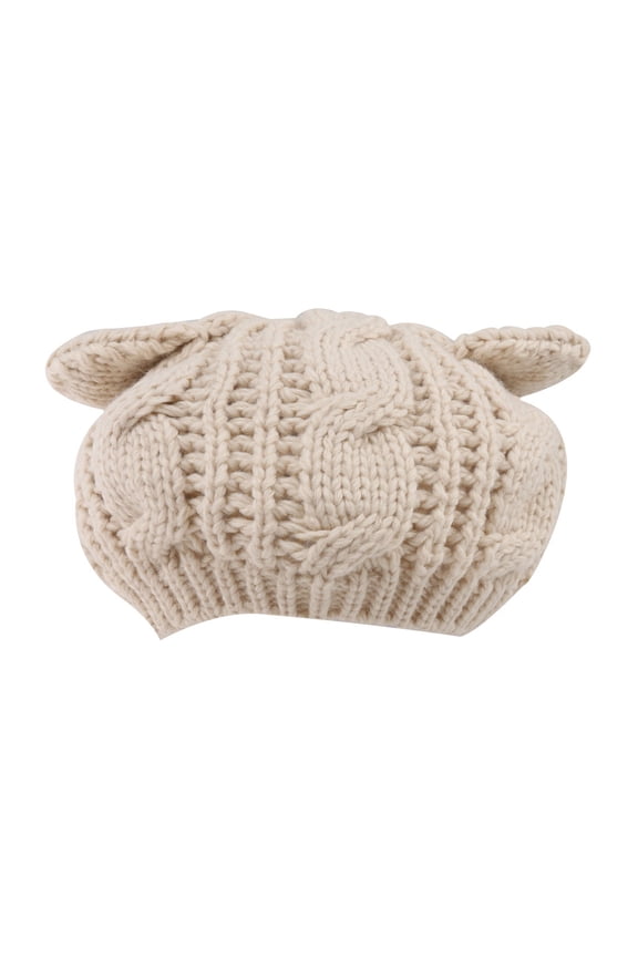 Beige Knit Hat with Cat Ears, Soft Warm Winter Beanie for Women and Girls, 1 Piece