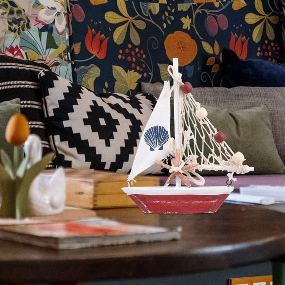 HEMOTON Wood Sailboat Model with Exquisite Details for Home Use Red Wooden Decor 7.5 Inches
