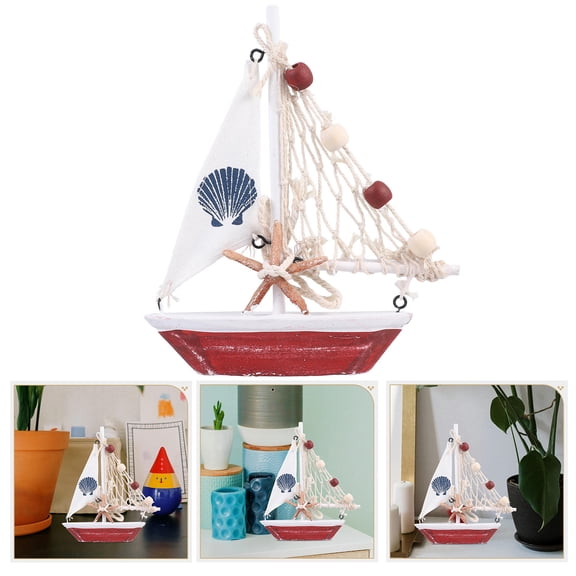 HEMOTON Wooden Sailboat Model in Mediterranean Style, Red Sailing Boat for Home Decoration