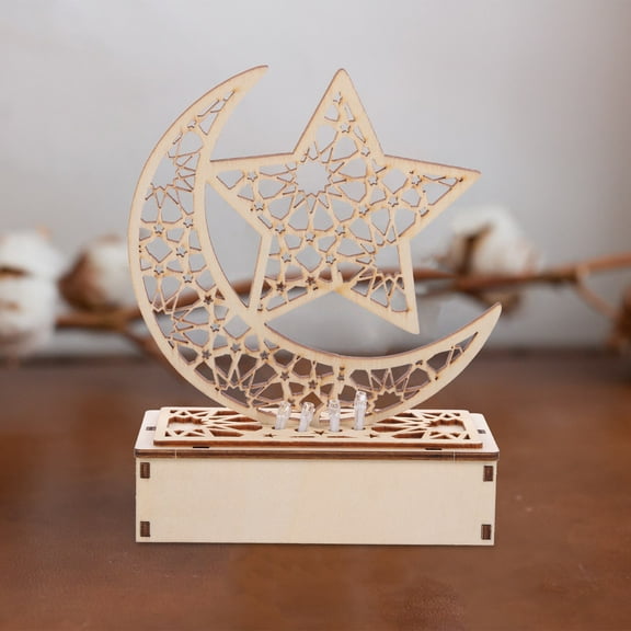 Hytrove Ramadan Decor Eid Mubarak Wood Hanging Plaque Warm Yellow Light 1Pcs 7.9X5.5X2.4In