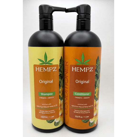 Hempz Original Strength + Smooth Shampoo & Conditioner Set with 100% Pure Natural Hemp Seed Oil  33.8 fl oz (1 Liter) Each