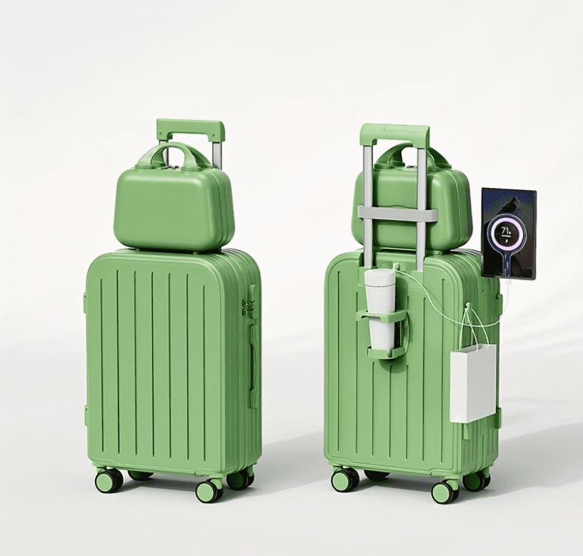 HEMXSZH 20 Inch ABS+PC Hardside Rolling Luggage with Handbag, Cup Holder & USB Port Suitcase, Green