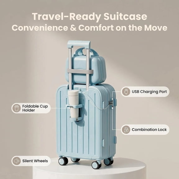 HEMXSZH 20 Inch ABS+PC Hardside Luggage Set with Handbag, USB Port & Cup Holder Suitcase, Blue