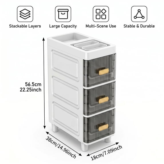 HEMXSZH 3 Layers Big Capacity Plastic Storage Cabinet, Layered Storage Organizer With Drawers, Dust-proof Commercial Bathroom Container, Easy To Install For Kitchen/ Bedroom/ Living Room, White Grey