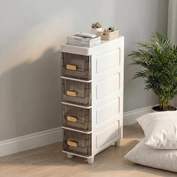 HEMXSZH 4 Layers Stackable Ornament Storage Plastic  Drawer Cabinet, Bathroom Storage Bins Set, White & Gray