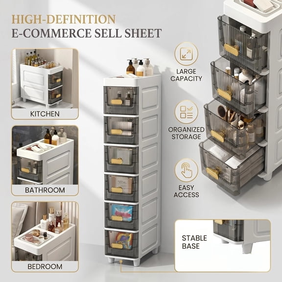 HEMXSZH 6-Tier Stackable Storage Drawer Cabinet, Durable Plastic with Dustproof Design, White & Gray
