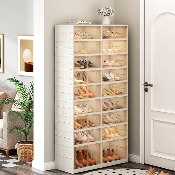 HEMXSZH 9 Layers 36 Pairs Transparent Foldable Big Capacity Storage Shoe Cabinet, Plastic Installation-free Drawer-type Shelf, Dust-proof Storage Case. Fit for Entryway/Living Room. White