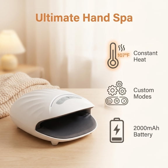 HEMXSZH Hand Massager with Heat and Compression, Electric Air Compression Heating Hand Massager, 3-in-1 Hand Massage Machine with 3 Modes & 3-Level Air Pressure, Shell-Like Smooth Arc Surface, White