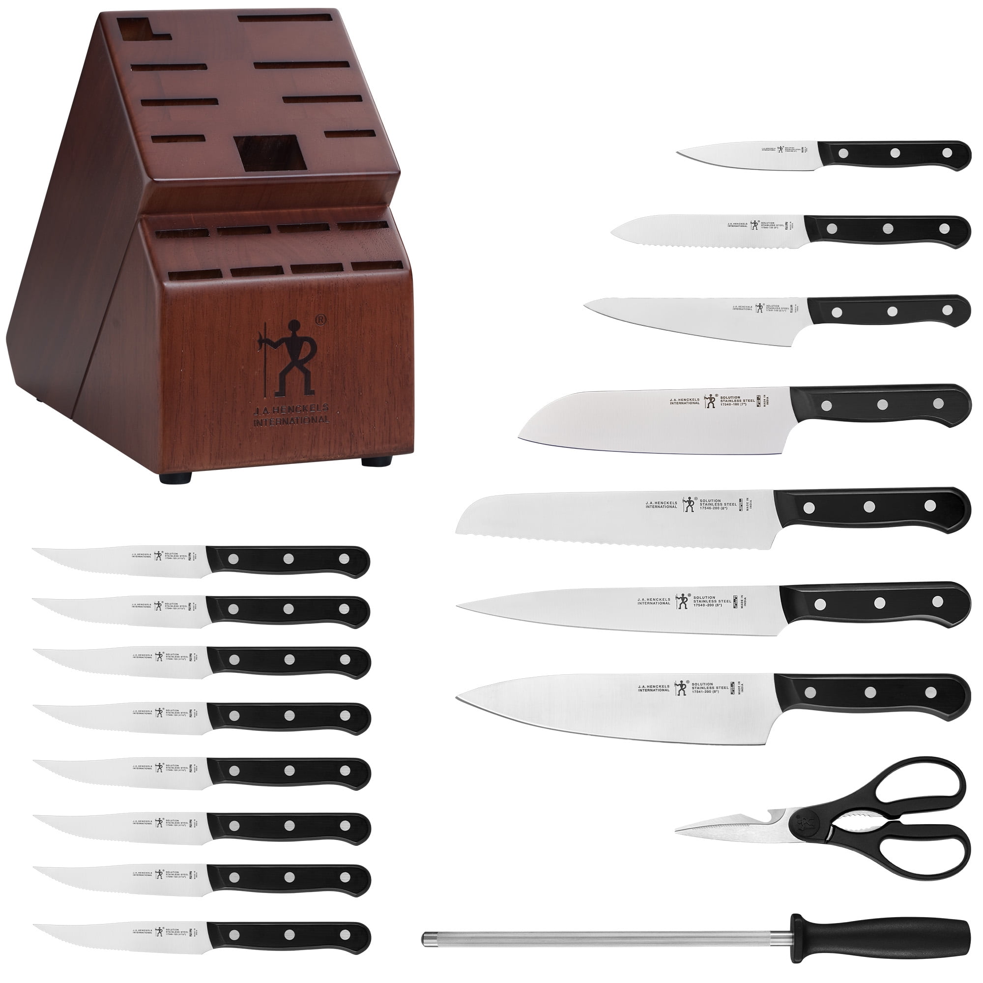 HENCKELS Razor-Sharp Solution 18-pc Knife block set, Chef Knife, Steak Knife, Utility Knife, Dark Brown, Stainless Steel