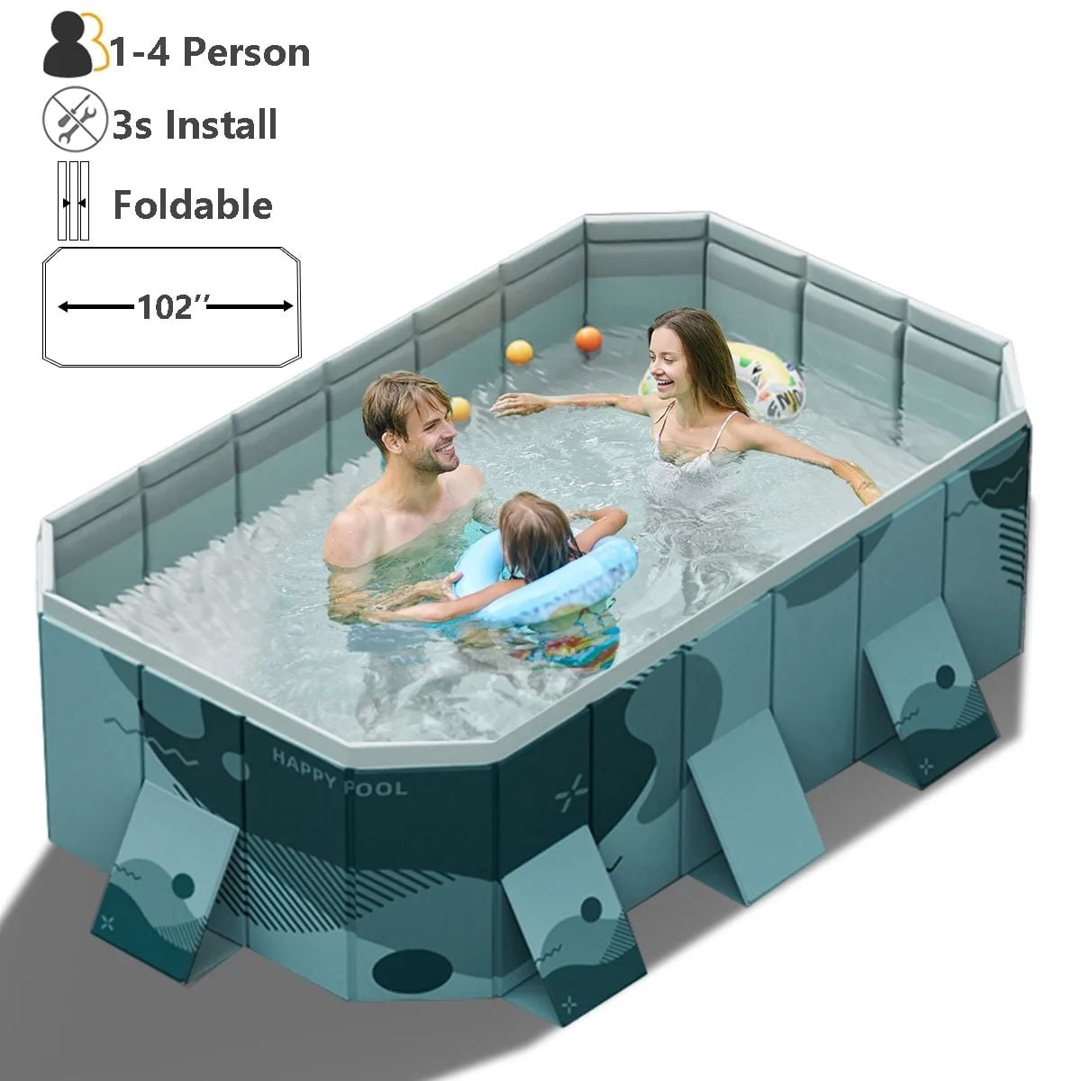 HENG Co. 102"Foldable Non-Inflatable Swimming Pool for 1-4 People, Foldable Above Ground Kiddie Pool for Family(Blue)