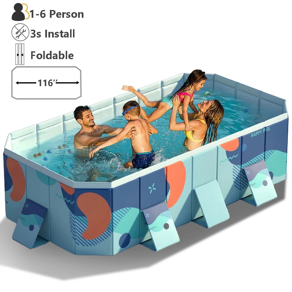 HENG Co. 116"Foldable Non-Inflatable Swimming Pool for 1-6 People, Foldable Above Ground Kiddie Pool for Family(Multicolor)