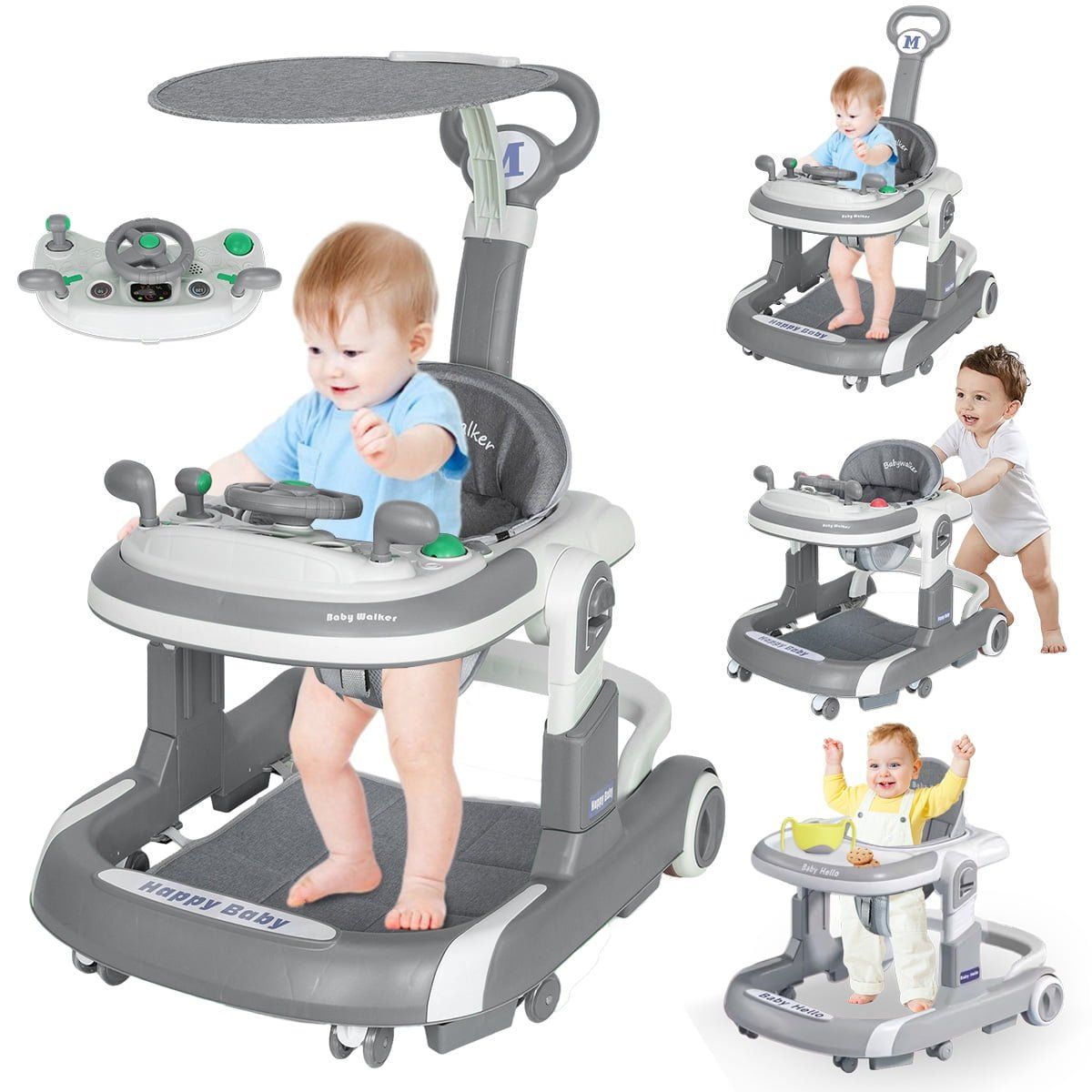 HENG Co. 5-in-1 Foldable Baby Walker with Foot Pads & Handles for Boys and Girls 6-24 Months, Gray