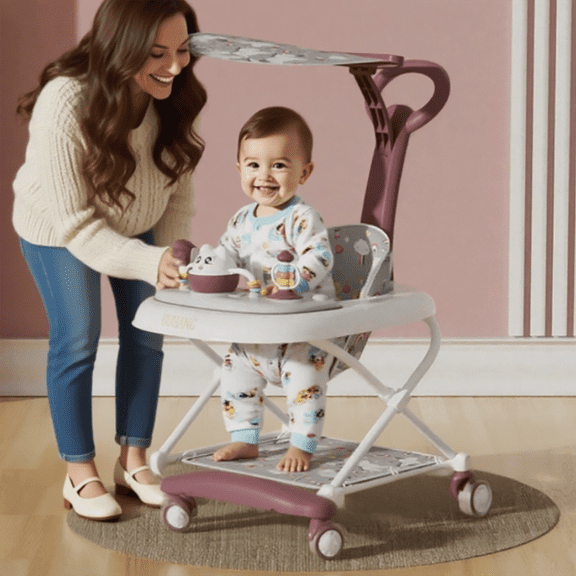 HENG Co. 6-in-1 Multifunctional Baby Walker, Foldable Push Walker with Musical Activity Station, 6-24 Months, Red