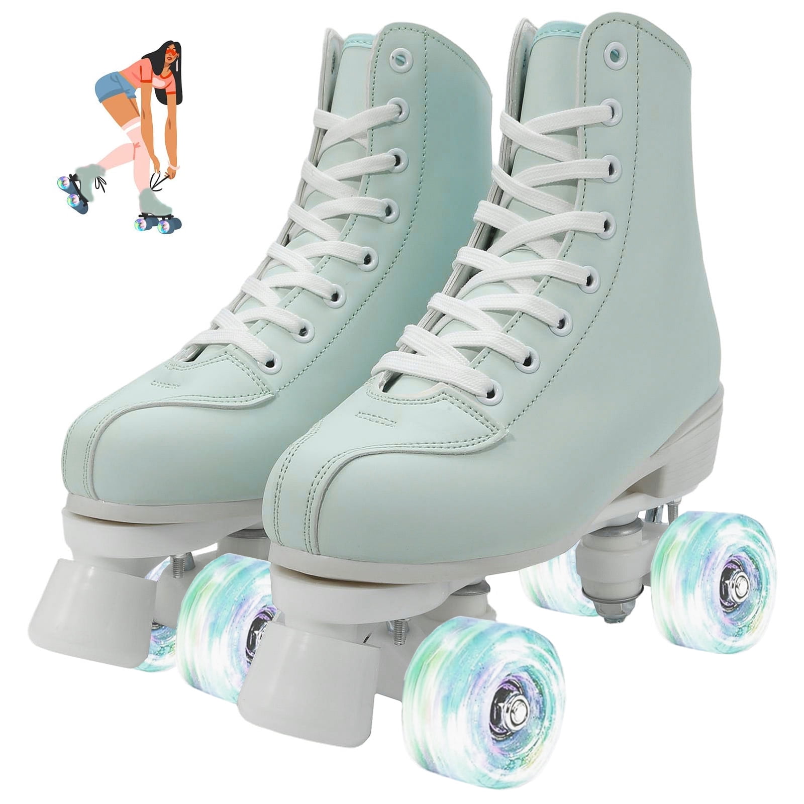 HENG Co. Adjustable Light Up Quad Roller Skates for Beginners - High-Top PU Leather Double-Row Wheels for Indoor Outdoor Use - Unisex Skates for Women, Men, Girls and Boys