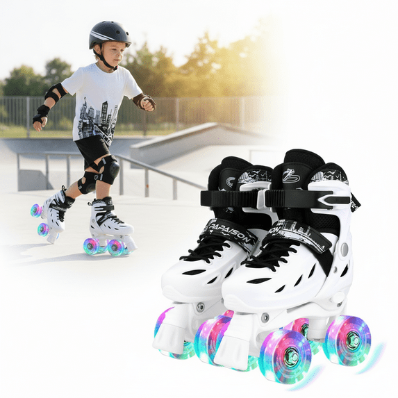 HENG Co. Roller Skates for Boys Girls Adults, 4 Sizes Adjustable Fun Kids Toddler Rollerskates with Light up Wheels for Teens Women Indoor Outdoor, White