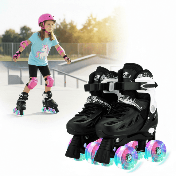 HENG Co. Roller Skates for Boys Girls Adults, 4 Sizes Adjustable Fun Kids Toddler Rollerskates with Light up Wheels for Teens Women Indoor Outdoor, Black