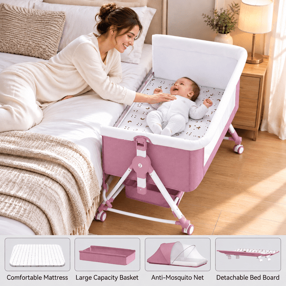 HENG Co. Baby Bassinet, 5-in-1 Infant Bedside Crib with Diaper Table, Adjustable Height, for 0-24 Months, Pink