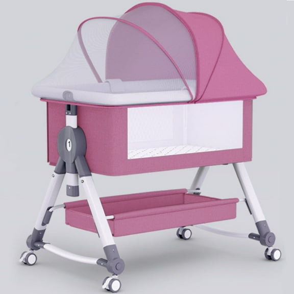 HENG Co. Baby Bassinet, 5-in-1 Infant Bedside Crib with Diaper Table, Adjustable Height, for 0-24 Months, Pink