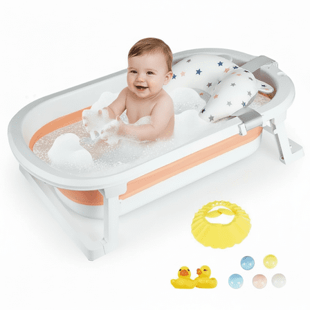 HENG Co. Baby Bathtub for Infants to Toddler with Drain Plug, Unisex Kids Bathtub for Newborn 0-36 Month (Pink+Floating Mat)