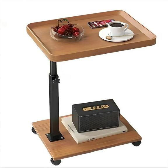 HENG Co. C-Shaped Wheeled End Table - Adjustable Height Rectangular Tea Table Sofa Side table for Couch Small End Table for Livingroom, Bedroom in Wood