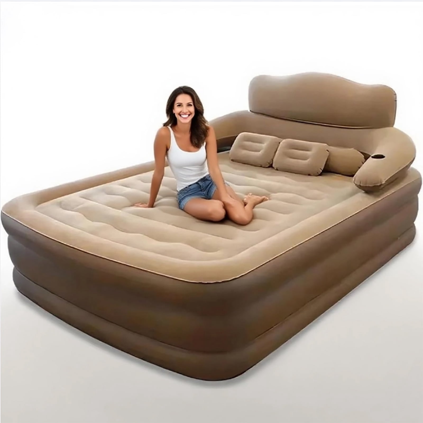 HENG Co. Queen Air Mattress with Backrest – 18.9" Thick Inflatable Bed was Built in Pump & Night Light, Foldable, Waterproof Flocked Surface, 800lb Capacity for Home, Travel & Camping (Brown)