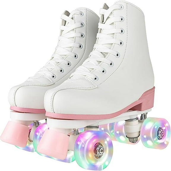 HENG Co. Roller Skate, Adult Teen Classic High Top Skates with Light up Wheels, White And Pink Wheel (Women's 7.5 / Men's 6.5)