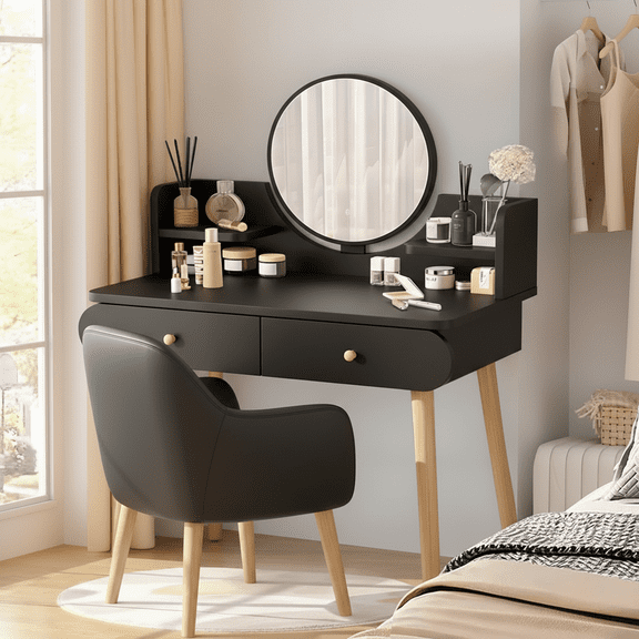 HENG Co. Vanity Table Set with Mirror, Soild Wood Modern 2-in-1 Makeup Table and Writing Table with 2 Drawers and 2 Shelves for Bedroom, Black