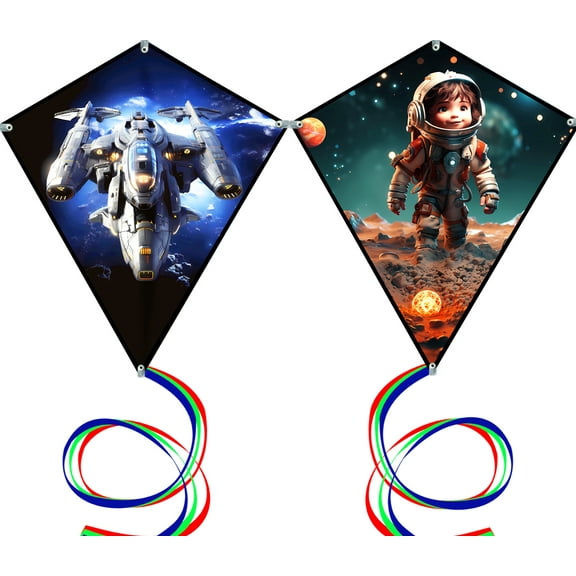HENGDAKITE 2pack 27*23in Diamond kite for Kids and Adults Polyester HD Printing Astronaut and Robot