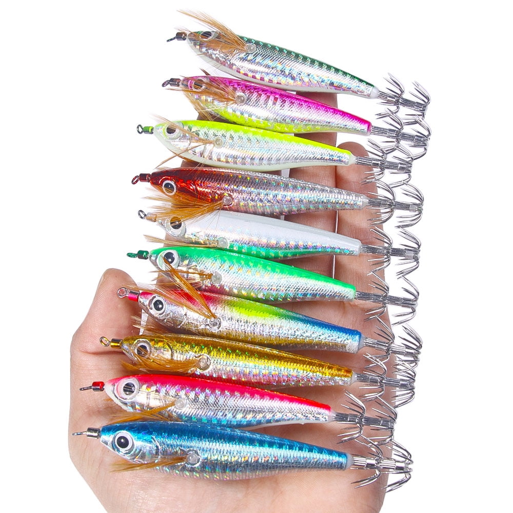 HENGJIA Squid Jig Shrimp Prawn Lures Luminous for Cuttlefish Octopus Fishing Lures 10PCS