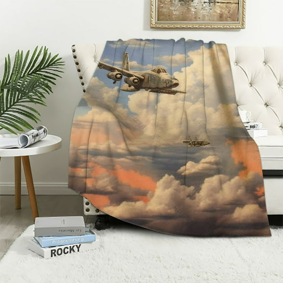 HENGT  Airplane Throw Blanket, Peacekeepers Mission Jet up International Flight Picture Aviation Theme Image, Flannel Accent Piece Soft Couch Cover for Adults,Blue Grey