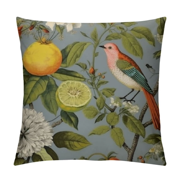 HENGT  Birds Flowers Lemon Floral Branch Tree Vintage Grey Spring Summer  Pillowcases Square Throw Pillow Cover Protector Pillow Sham Pillow Case with Zipper