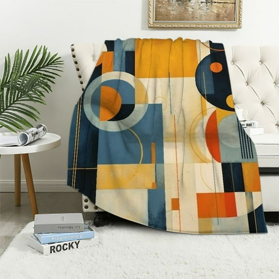 HENGT Blanket Navy Blue Burnt Orange Abstract Aesthetic Geometric Plush Throw Blanket Mid Century Modern Boho Abstract Aesthetic Throw Blankets Flannel Blanket for Couch Bed Decor