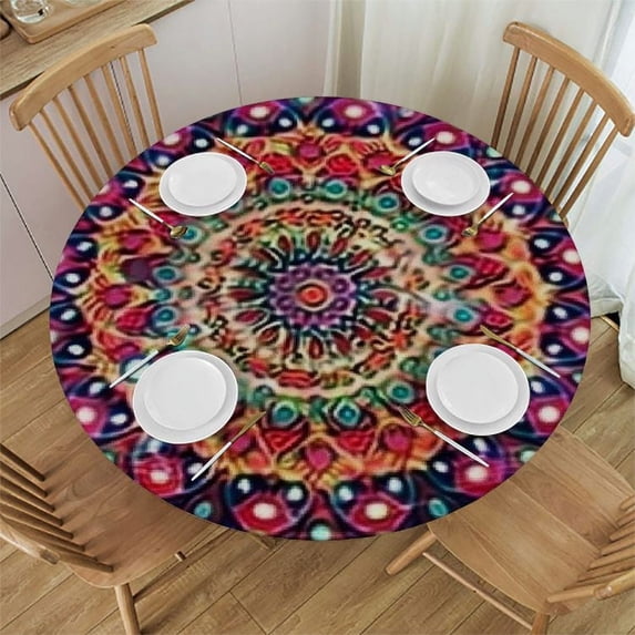 HENGT Boho Flower Tablecloth 60 inch Round, Durable Table Cover for Kitchen Dining Room, Holiday Tablecloth for Party Dinner White
