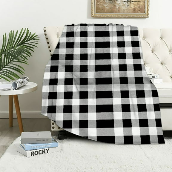 HENGT Buffalo Paid Chenille Throw Blanket for Couch, Soft Cozy Decorative Buffalo Check Blanket Throw with Tassels for Bed Sofa, Lightweight Chenille Knitted Throw, Plaid Black Off White,