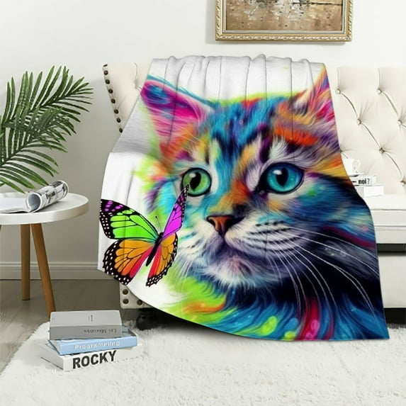 HENGT Cat Blanket for Girls Women Colorful Cat with Butterfly Throw Blanket Ultra Soft Cozy Cute Kitten Stuff Blanket for Kids Cat Lover Animal Gifts
